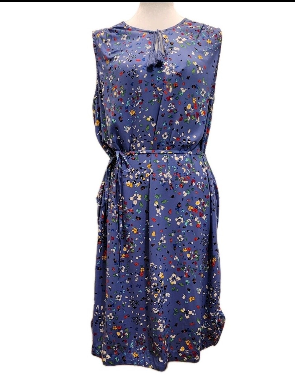 Women's 100% Cotton Dress Size Large Periwinkle Blue Floral Tassel Tie Midi Chic